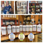 Collage of 4 Photos: Female holding 2 Loons Distillery Liquor, A wall of merchandise, another wall of merchandise, and a picture of different alcohols lines up.